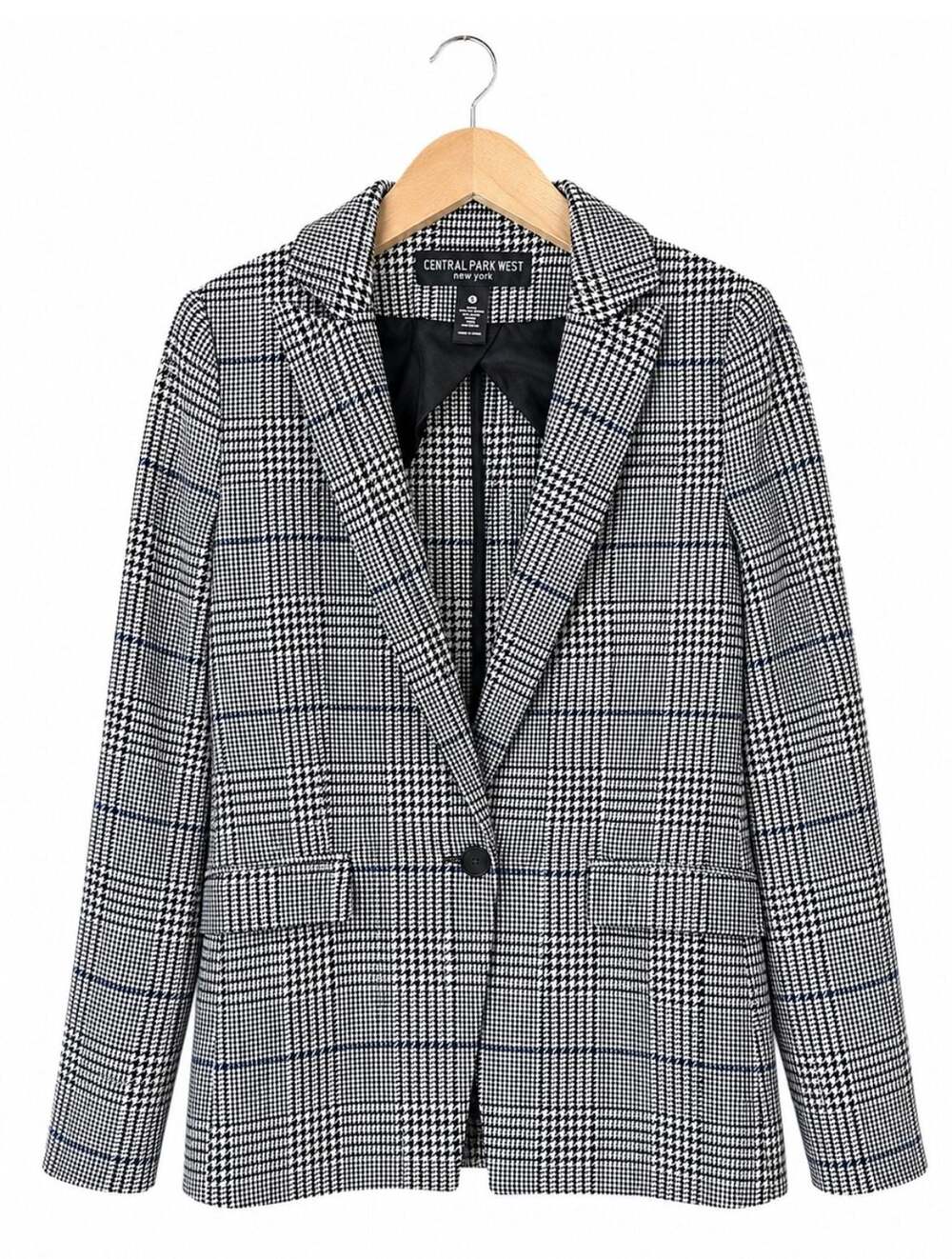 Central Park West New York Houndstooth Plaid Long Sleeve Blazer